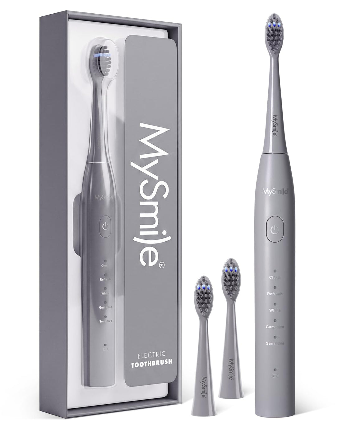 MySmile DY156 Electric Toothbrush for Adults, Rechargeable Sonic Battery Toothbrush Portable with 3 Brush Heads, 2 Mins 5 Modes Smart Timer, 45000VPM, One Charge for 60 Days (Gray, M)
