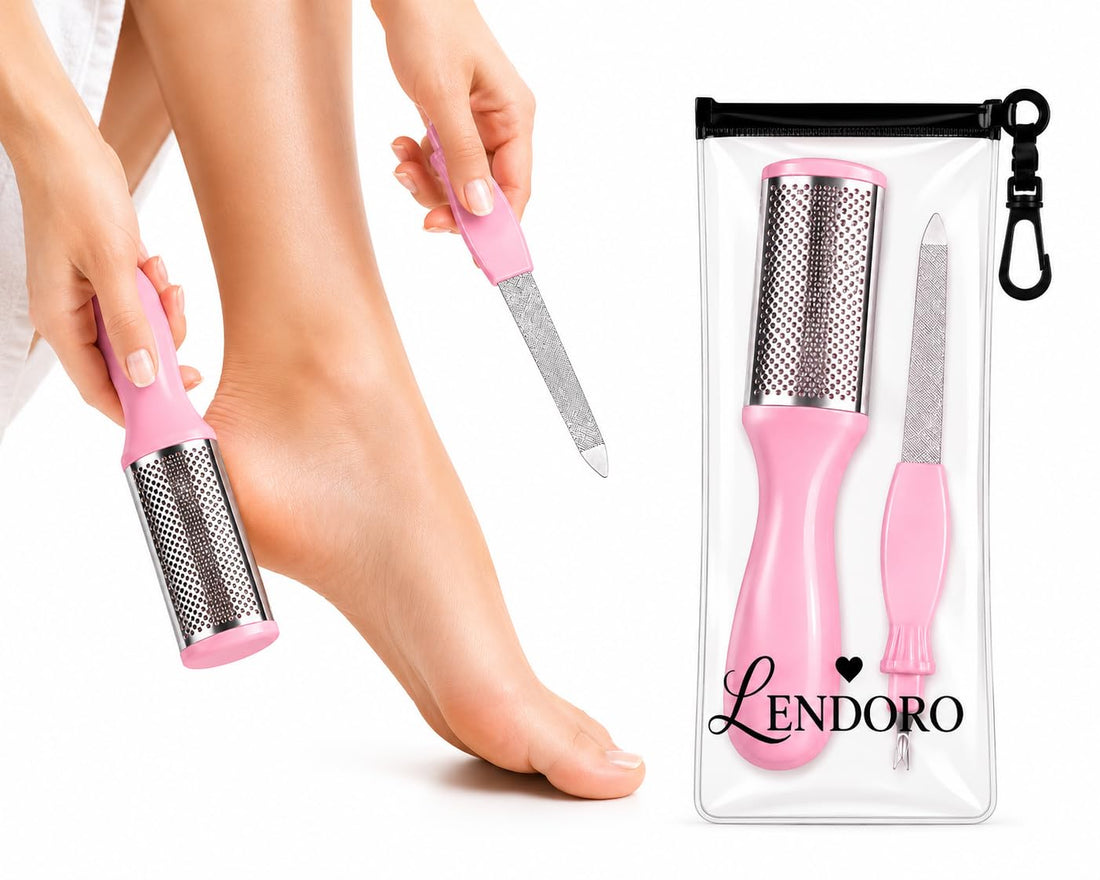 LENDORO 2-in-1 Stainless Steel Foot File and Nail File with Built-In Cuticle Trimmer, Wet & Dry Use (Random Color)