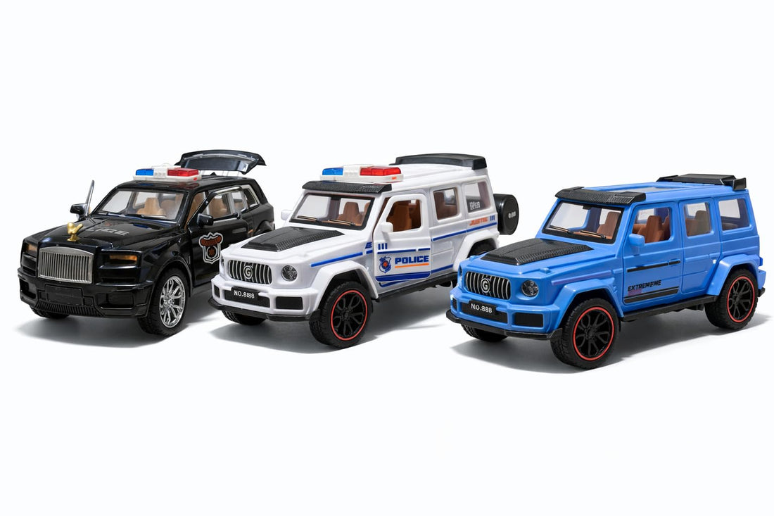 3 Piece Plastic Toy Car Set for Kids Bullback White Black Blue 17x9x8cm Police Cars 3 Years Old
