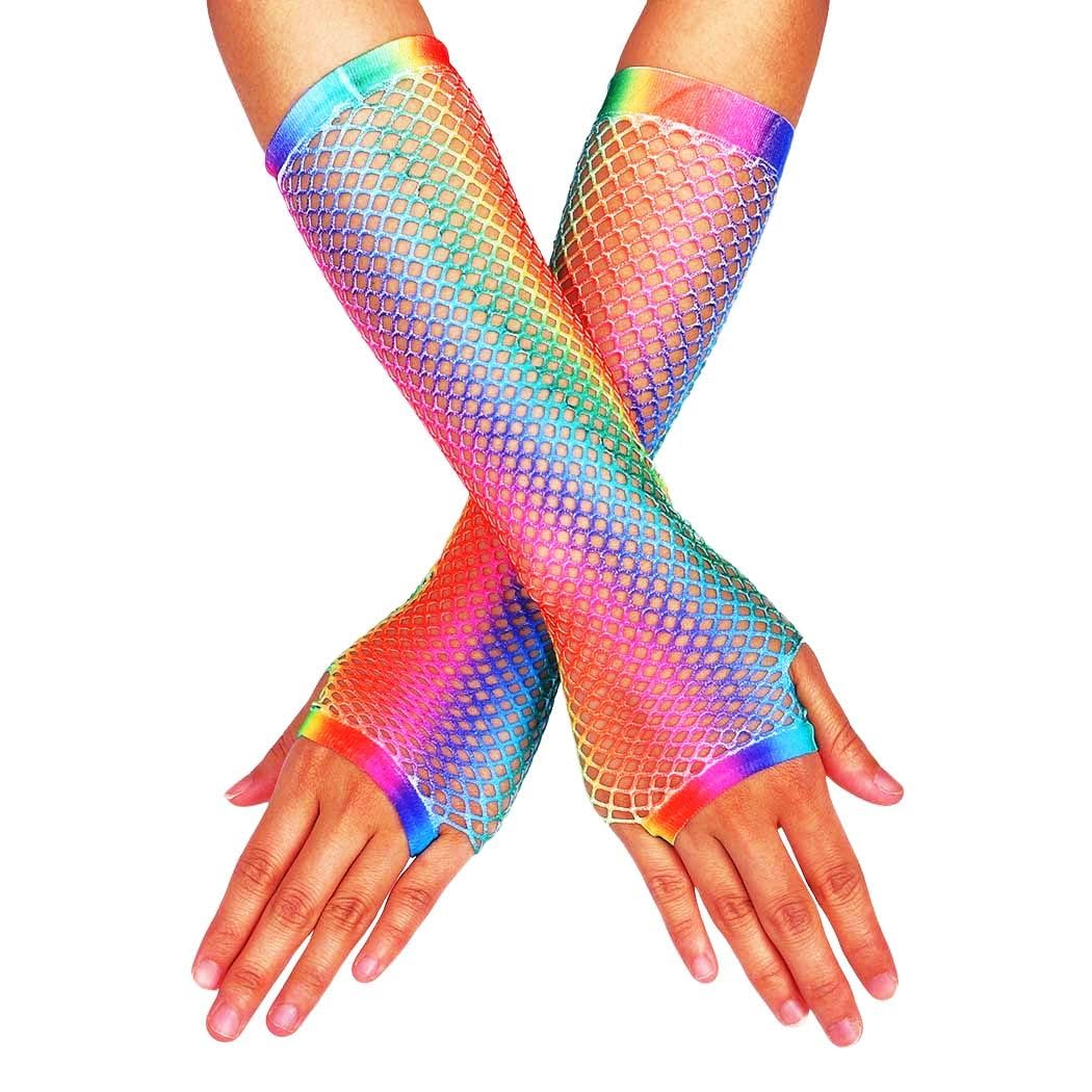 Tazweeq Multicolor Fishnet Fingerless Gloves, Long Party Gloves for Women and Girls