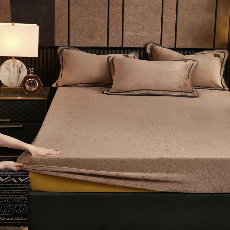 Generic Plush Velvet Bed Sheet - Queen Size, 3 Piece Set (Beige, Solid) - Bed Linen Set