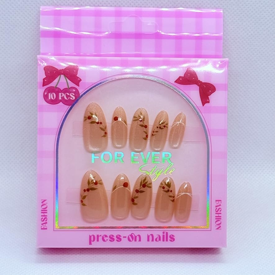 Premium Cat Eye Almond Press On Nails with Nail Art – Glossy Magnetic Reusable Fake Nails for Women – Salon Style Manicure – 12 Trendy Designs (Beige & Cherries)
