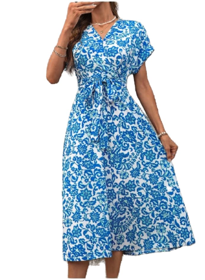Women's V-Neck Front Chest Overlapping And Floral Print Raglan Sleeves With Drawstring Waist A-Line Dress, Suitable For Various Occasions, Including Island Vacations & Daily Commuting