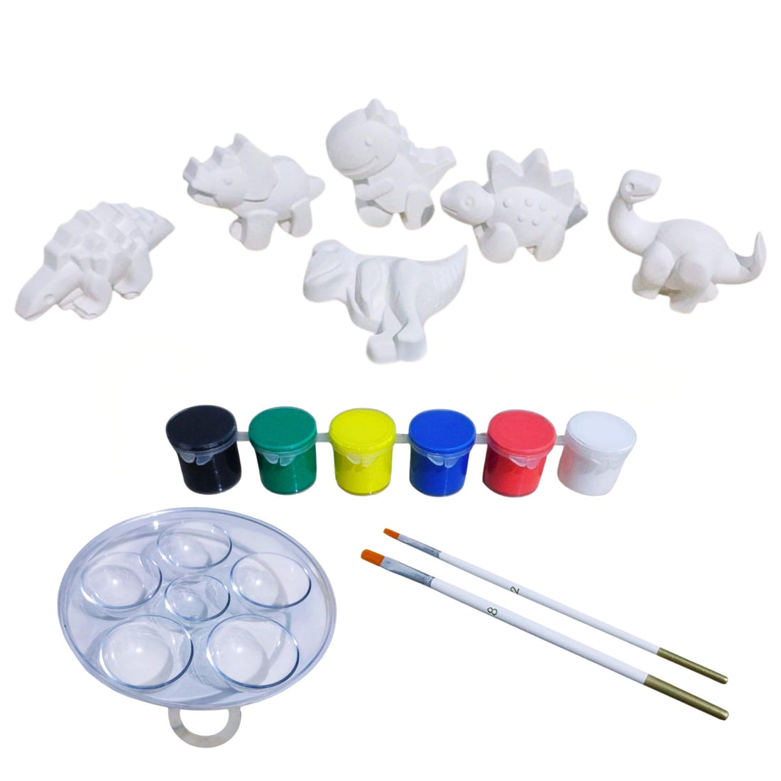 Gypsum Painting Kit |(15-Piece) Includes 6 Dinosaurs - 6 Acrylic Colors - 2 Brushes and Mixing Palette - Complete Art Kit, Joyful Alternative to Screen Time Helps Developing Children's Skills