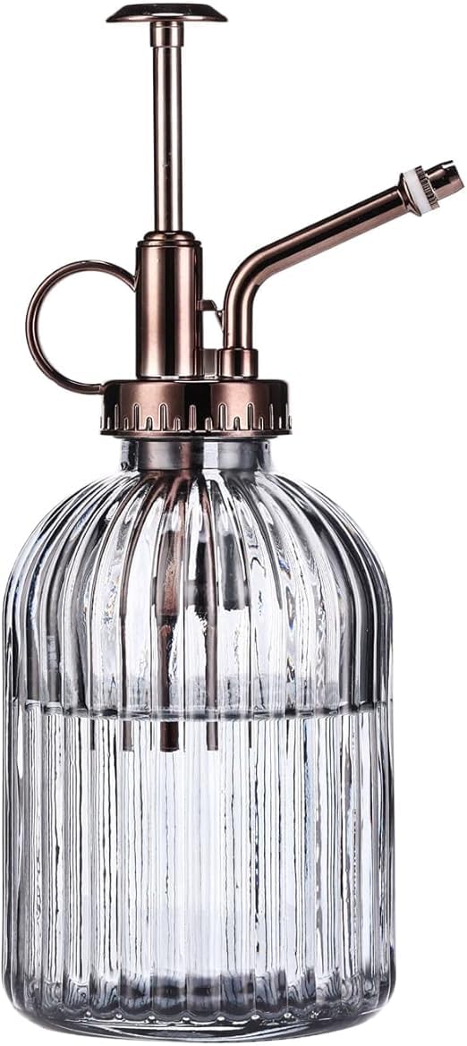 Glass Plant Mister Spray Bottle, 7.5" Green Glass Water Spray Bottle with Gold Top Pump Small Watering Can, Small Plant Sprayer Mister for Indoor Outdoor House Plant (Gray+Bronze E)