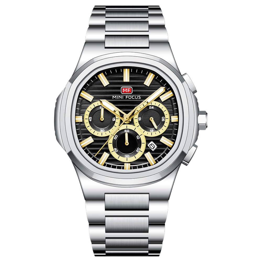 MF MINI FOCUS Men's Chronograph Watch With Stainless Steel Strap & Cobalt Textured Dial & Date Display | Quartz Movement, 3 ATM Water Intake, 45Mm Round Case Wrist Watch For Business & Daily (MF0610G)