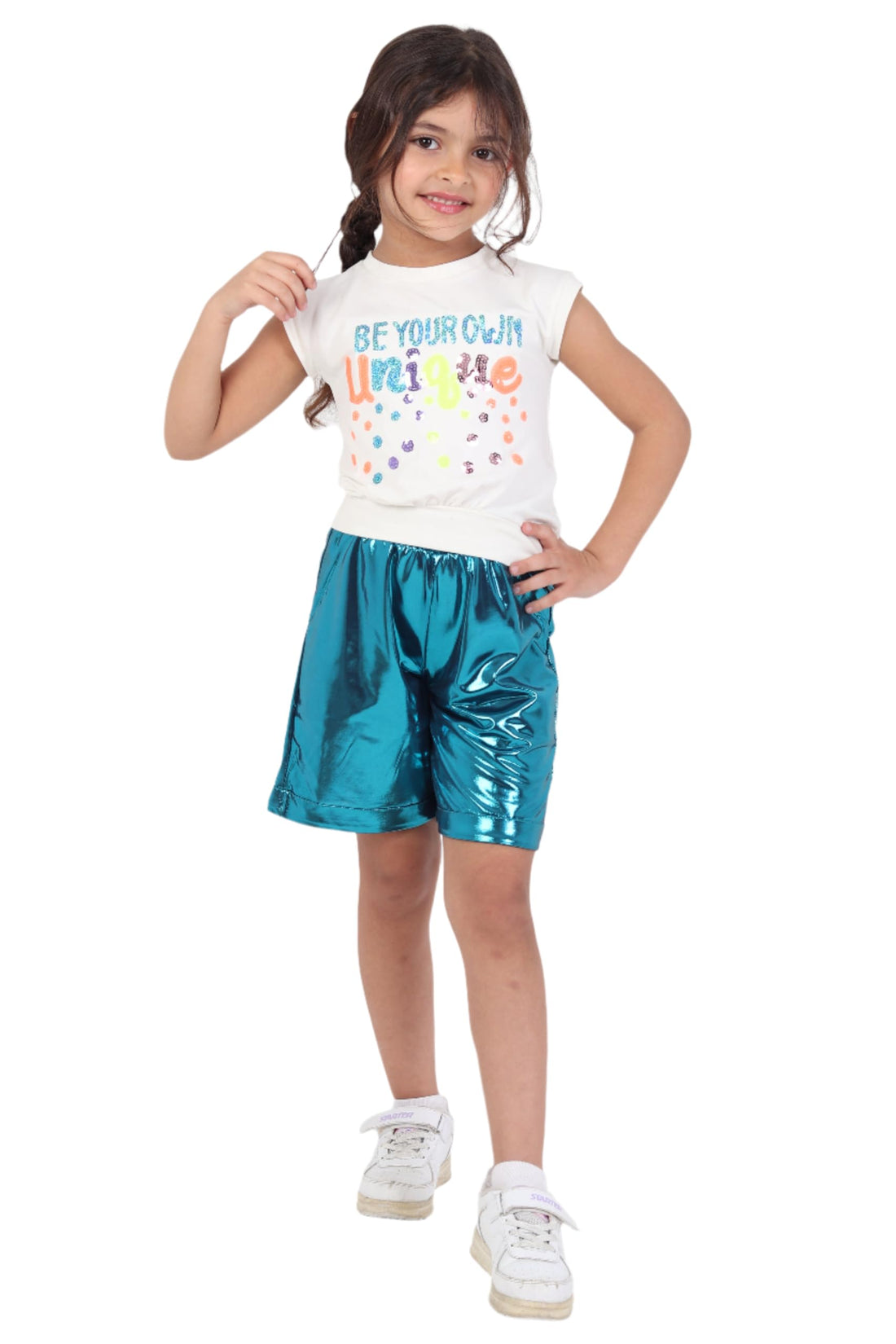 Girls Set T-Shirt with Shorts Metallic Fashion Outerwear Girls Casual Summer Fashion Light Bright Colors Bold Comfortable Materials Code 2006
