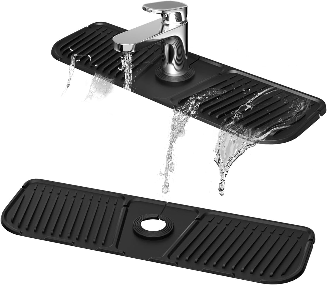 Podove Silicone Faucet Mat 2nd Generation - Kitchen Sink Splash Guard with Upgraded Outlet and Slope - Faucet Drain Mat for Kitchen Bathroom - Black