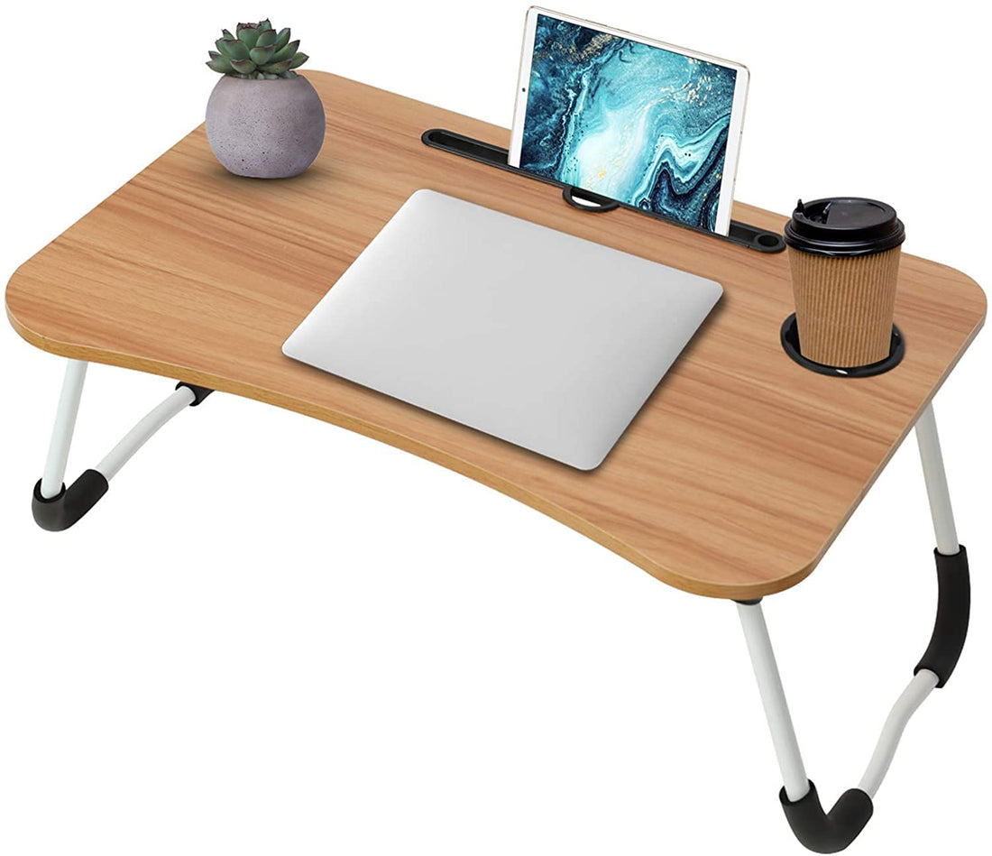 Laptop desk, inaya portable laptop bed tray table notebook stand reading holder with foldable legs & cup slot for eating breakfast, reading book, watching movie on bed/couch/sofa (wooden brown)