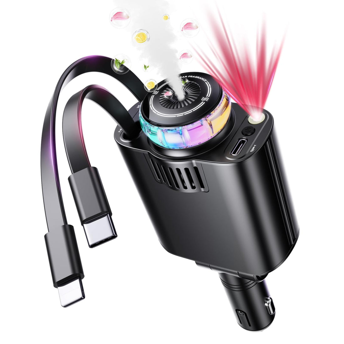 Retractable Car Charger with Aromatherapy and Starlight, 5 in 1 USB C Car Charger Adapter, 69W Fast Charging Cars Phone Chargers, Cars Air Freshener Compatible with iPhone 16 15 14 13 12 and Android