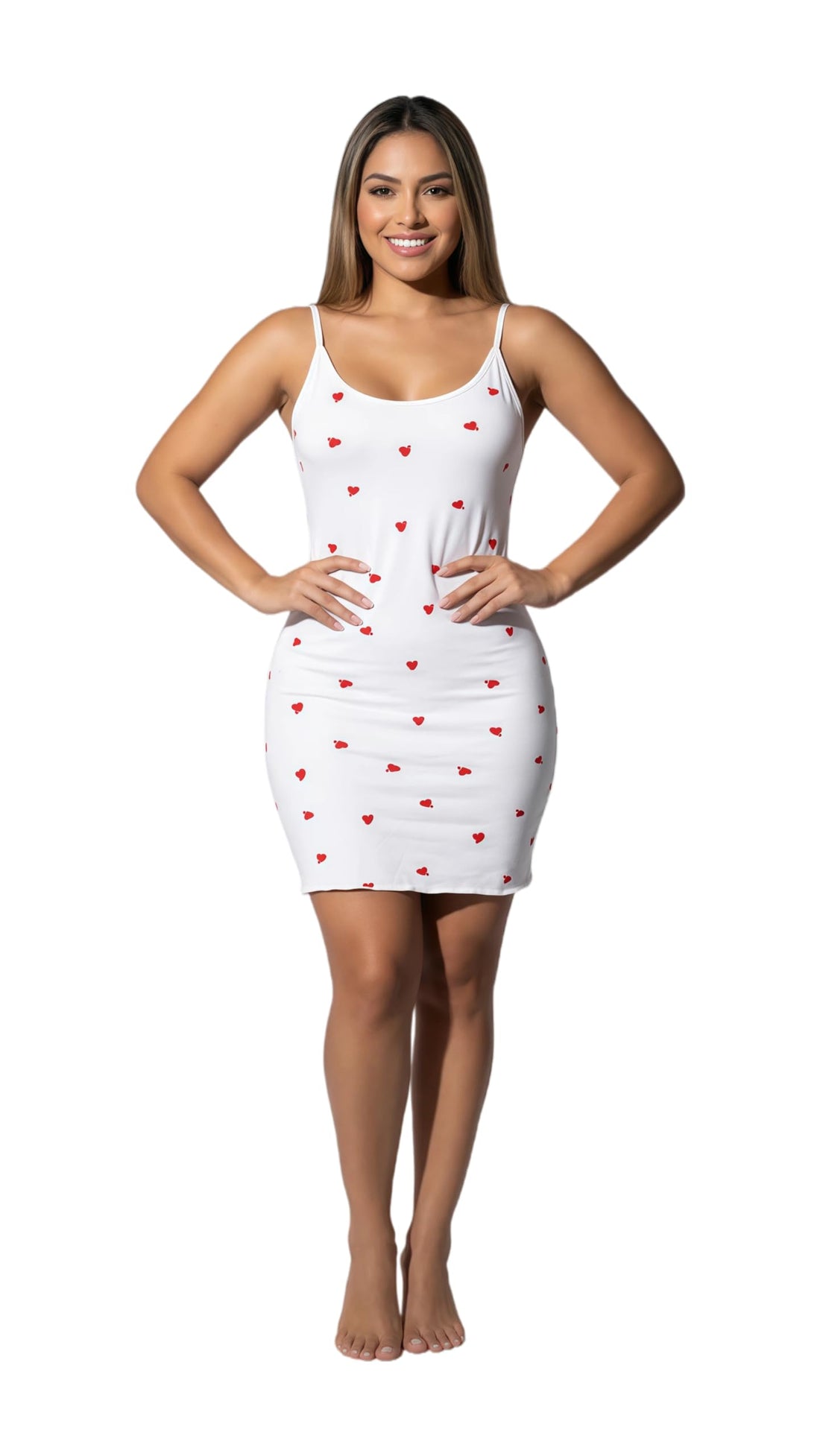 MANIKAN Women's Bodycon Mini Home Dress, White with Red Heart Print, Spaghetti Strap, Scoop Neck, Casual Style