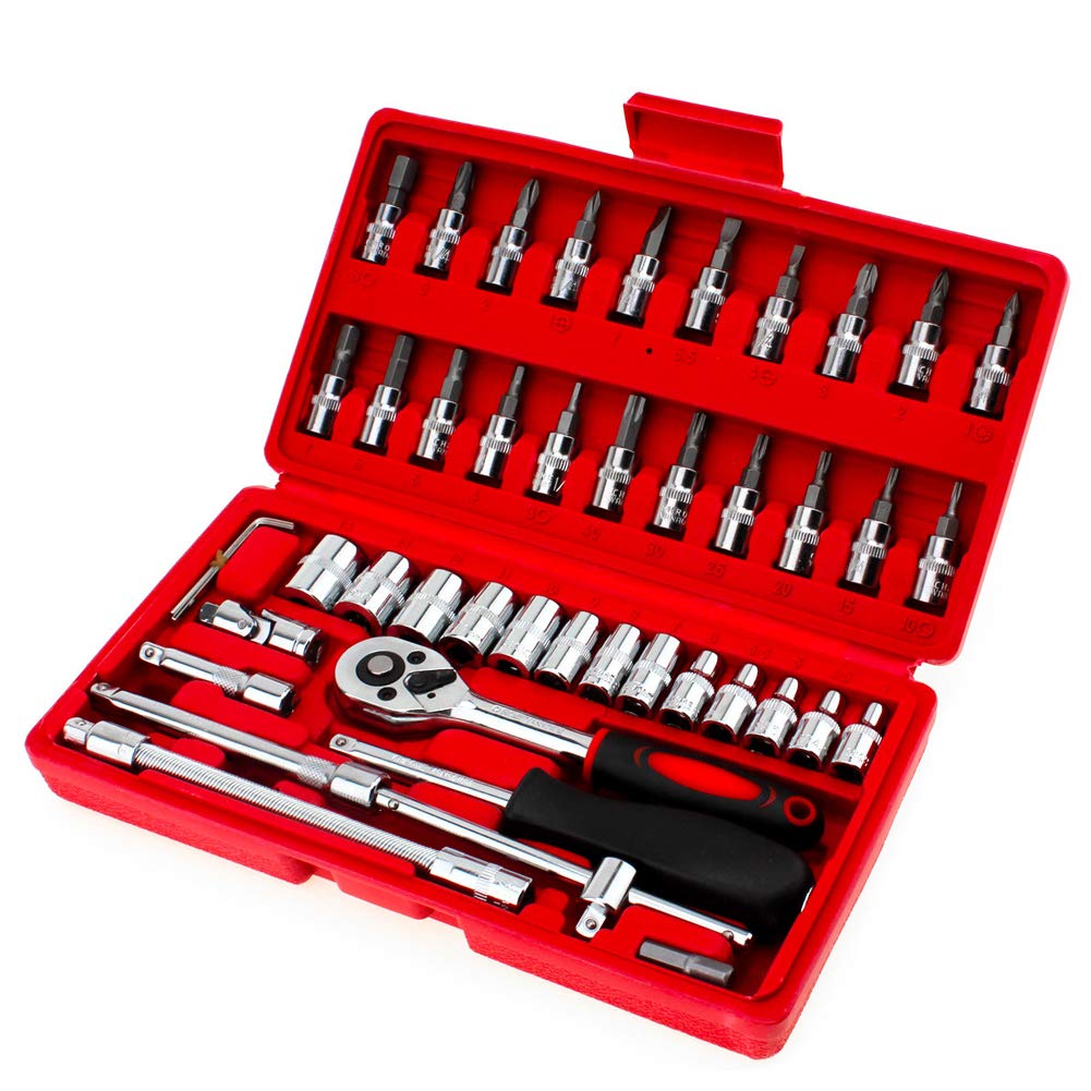 46pcs 1/4-Inch Socket Set: Mechanics Tools Kit for Cars, Trucks, Motorcycles, Bicycles — Wrenches, Ratchet, Torque Wrench, Spanners, and Garage Essentials