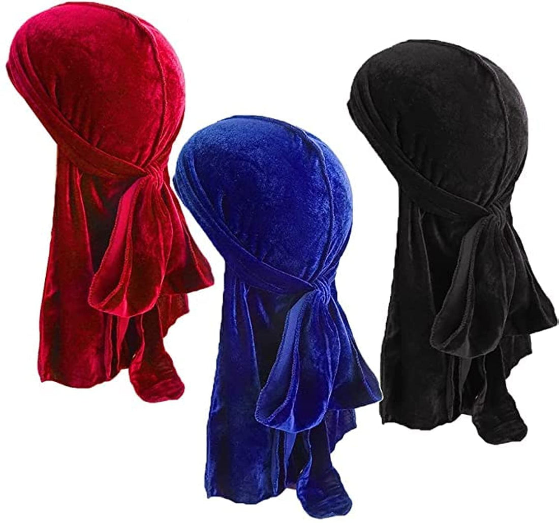 Velvet Long Tail Beanies Doo Soft Wide Straps Do Rags Cap for Men (Royal Blue, Red and Black, Pack of 3)