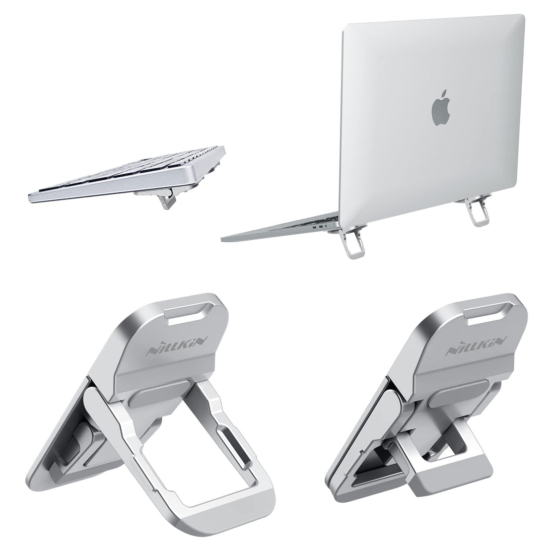 NILLKIN Mini Laptop Stand, Invisible Laptop Stand with Non-Slip Silicone, 2 x Folding Portable Riser Compatible with Laptops/MacBook/Notebook/Keyboard, Silver