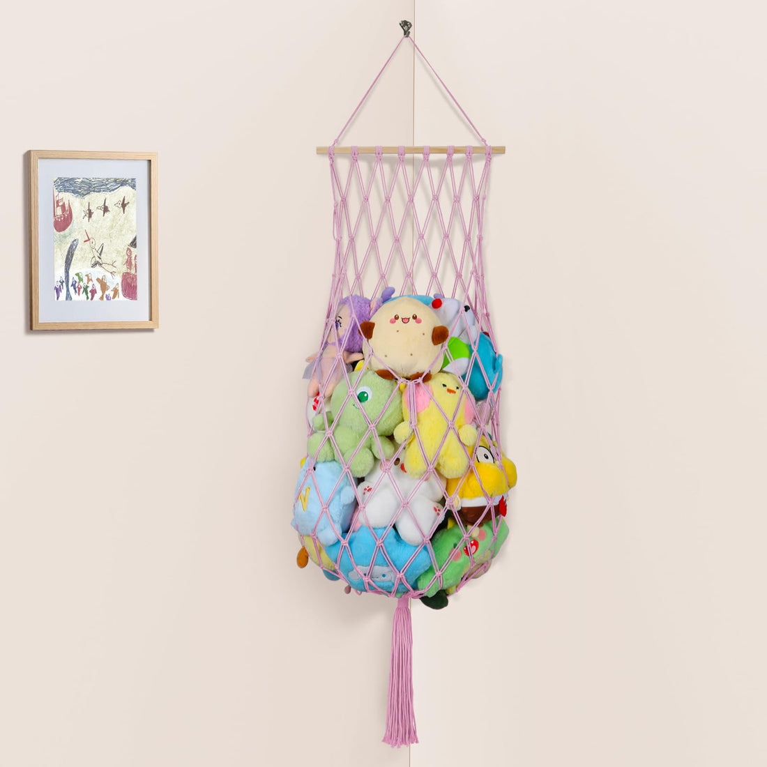 68 Inch Stuffed Animal Storage, Jumbo Macrame Stuffed Animal Hammock Corner, Wall Ceiling Hanging Stuffy Toy Hammock Plushie Net Display for Kids Boys Girls Nursery Decor (Pink)