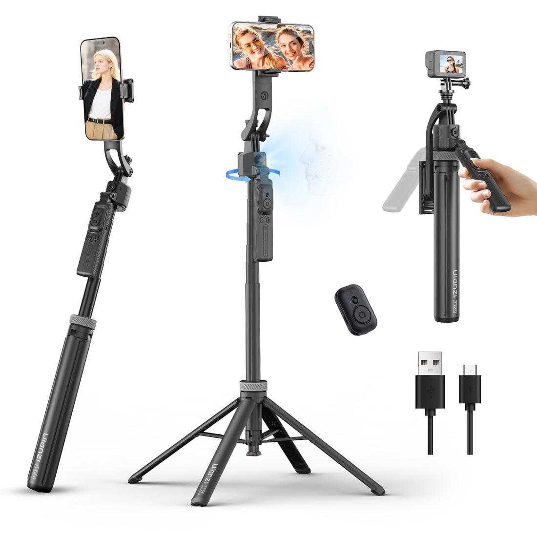 ULANZI TT23 165 cm Car Face Tracking Tripod for iPhone/Android with Remote, 360° Rotating Selfie Stick That Follows Your Movement, Facial Recognition Tripod for iPhone/Android/Camera