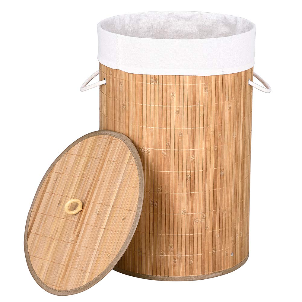 Bakaji Dirty Laundry Basket Home Bamboo Wood and Fabric Foldable Space-Saving Container with Lid and Handles Capacity 70 Litres Size 38 x 60 cm (Natural)