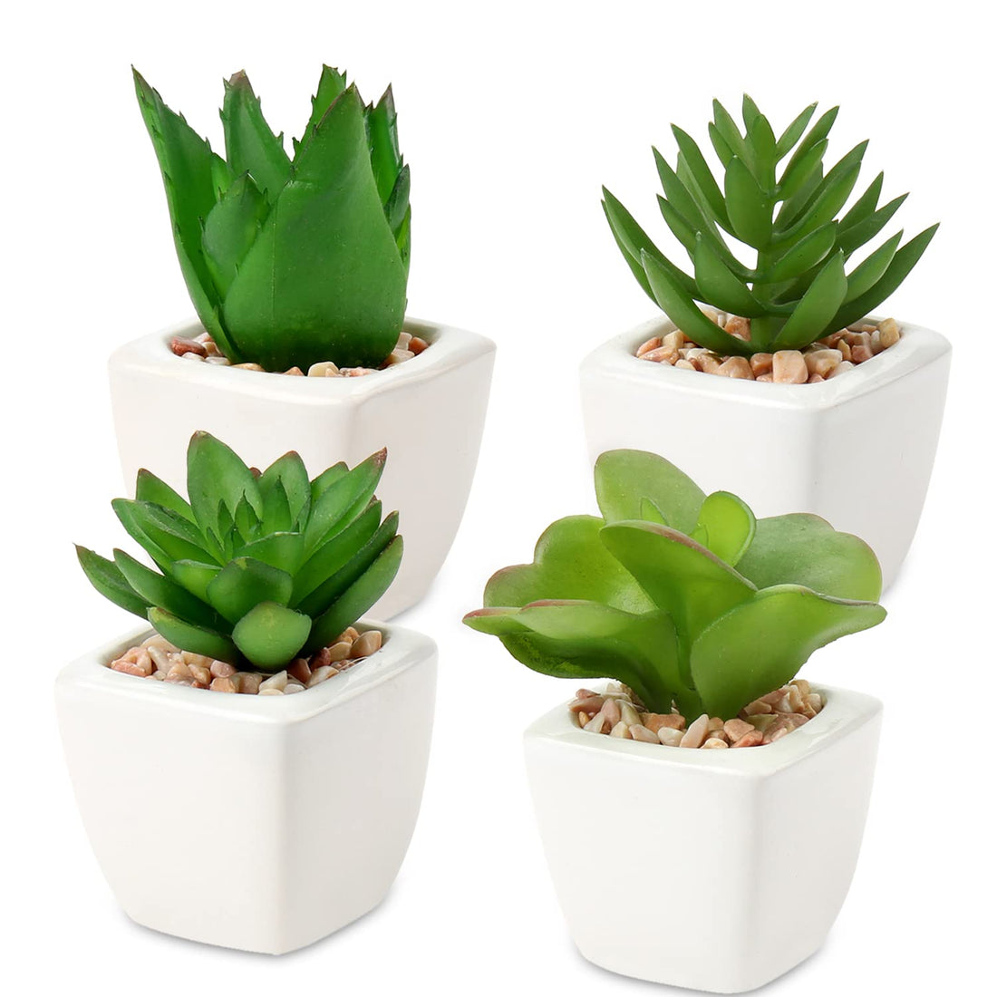 Hollyone Succulents Plants Artificial 4Pcs Small Fake Succulents in Pots Faux Plastic Potted Plants with White Ceramic Pot for Home Decor Office Desk Bathroom Shelf Indoor & Outdoor Decoration