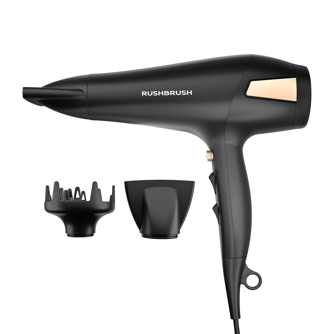 RUSHBRUSH D2 PRO Professional Hair Dryer, 2500W, Ionic Technology, 3 Heat Settings, Black, with Diffuser and Concentrator Nozzle