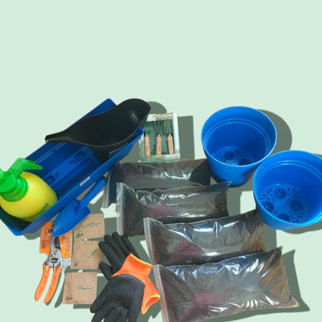 Garden Tool Set with Work Gloves, Blue Seed Containers, Plastic Planting Spoons, Multipurpose Gardening Equipment