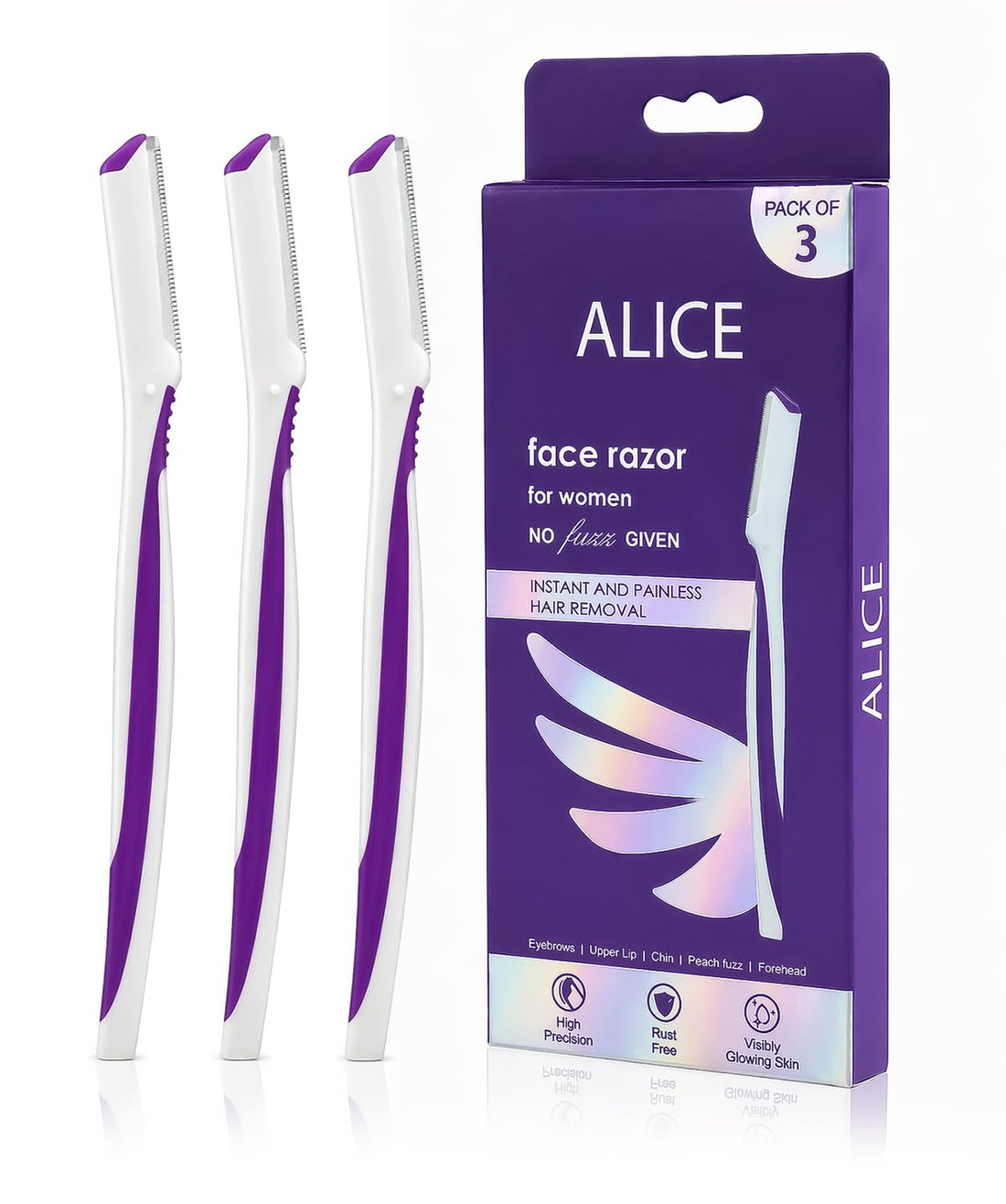 Alice - Face Razor, Pack Of 3 PCS, Instant and Painless Facial Hair Removal For Smooth & Visible Glowing Looking Skin, Rust Free Blade, Easy Grip Handle