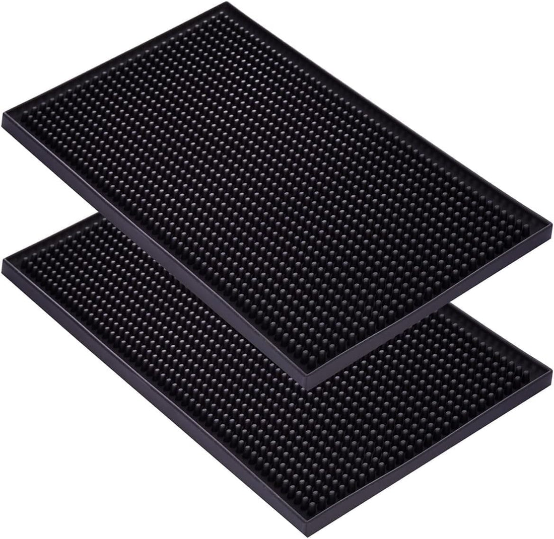 Bar Mat for Cocktail and Coffee Bar, 12" x 18", Rubber, Black, Set of 2, Heavy Duty, Non-Toxic, Porous Surface, Handy Knobs, Universal Black Color, Safe to Use, Heavy-Weight