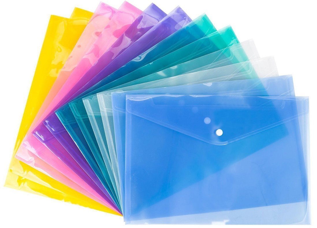 iFergoo Clear Document Folder with Snap Button Closure, 12 pcs Waterproof Transparent Pocket Folder in 6 Colors, Letter/A4 Size