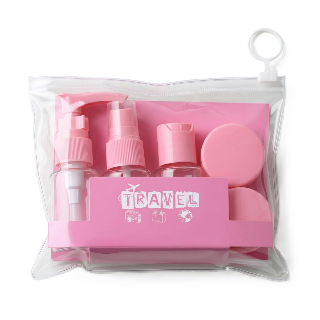 Nopatia 7 Piece Travel Organizer Set – Refillable Containers and Bottles for Travel Toiletries and Toiletries in a Stylish Airtight Bag (Pink)