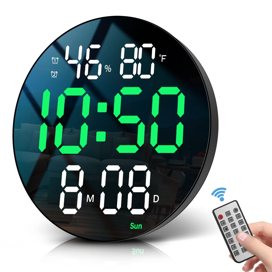 JoFomp 10" Digital Wall Clock with Large Display - Modern Plug-in Silent Clock for Living Room Decor - Remote Control/Dimmer/Temp/Humidity/DST/Battery Backup - 12/24H (Green)