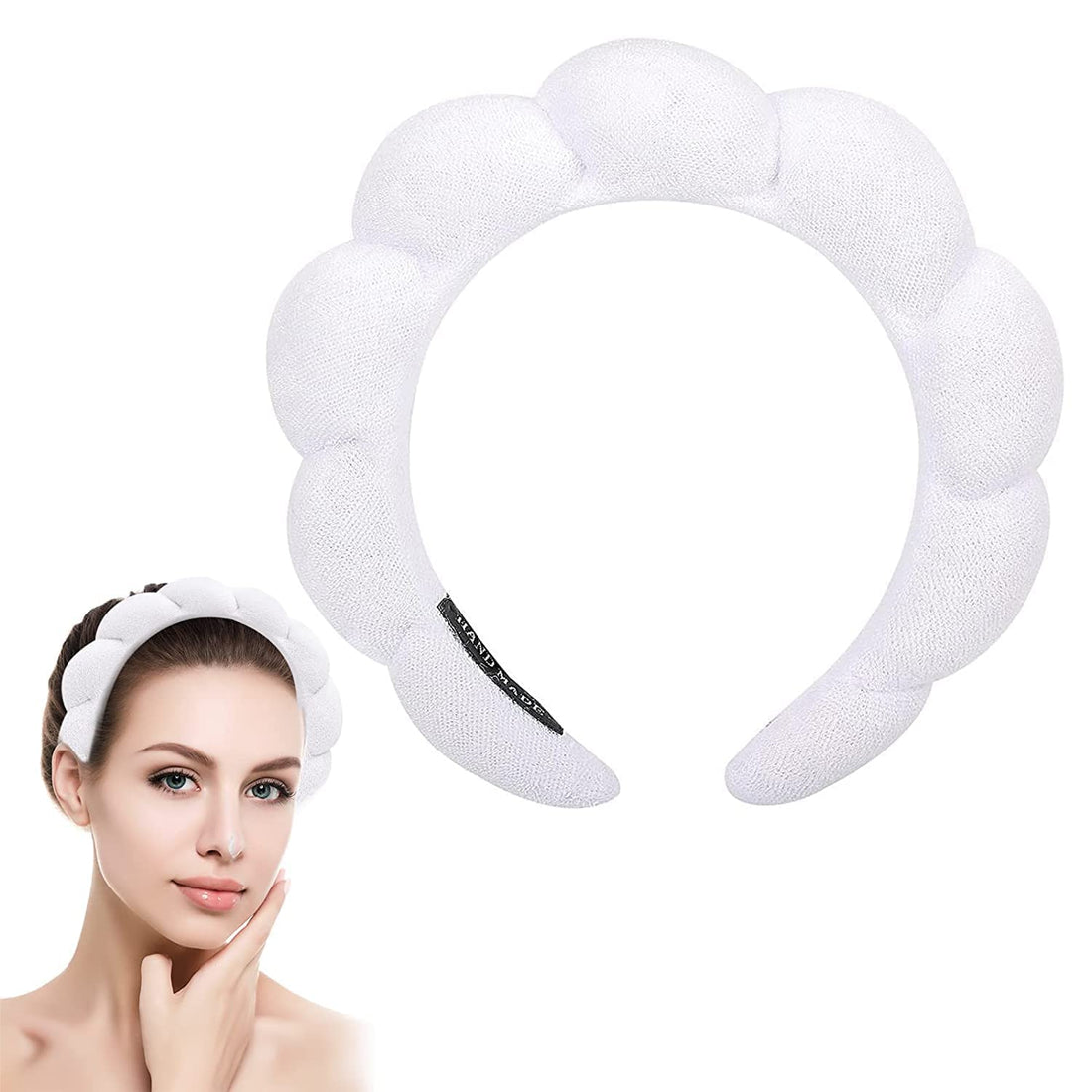 Spa Headband Sponge Puffy Makeup Headband Terry Towel Cloth Fabric Head Band for Women Girls Washing Face, Makeup Removal, Shower, Skincare Facial Mask (White)