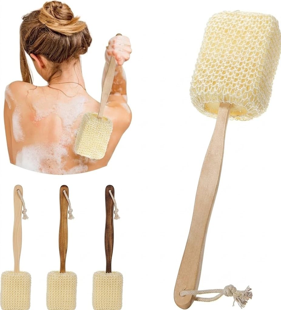 Natural Exfoliating Loofah luffa loofa Bath Brush On a Stick - With Long Wooden Handle Back Brush, Shower Sponge Body Back Scrubber