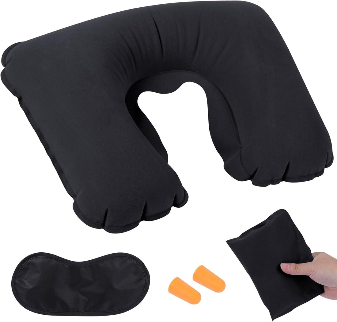 Inflatable Travel Pillow with Eye Mask and Earplugs, Comfortable Neck Pillow for Airplane, Car, Office, Multi Color
