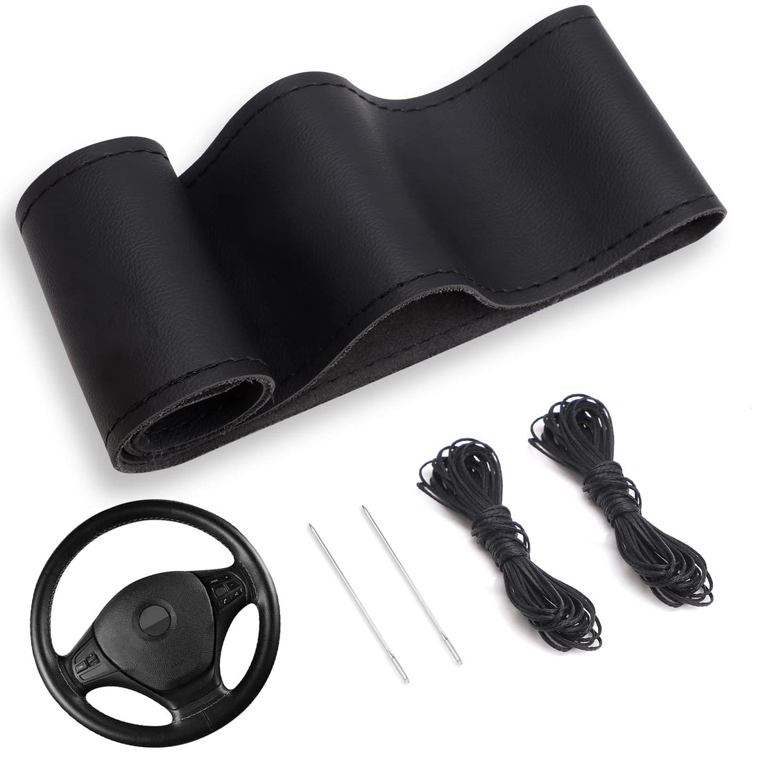 TSLBW 38 cm DIY Steering Wheel Covers Universal Steering Wheel Leather Cover Fiber Car Steering Wheel Cover Universal for DIY Steering Wheel Protector with Needle and Thread for Auto Van Truck