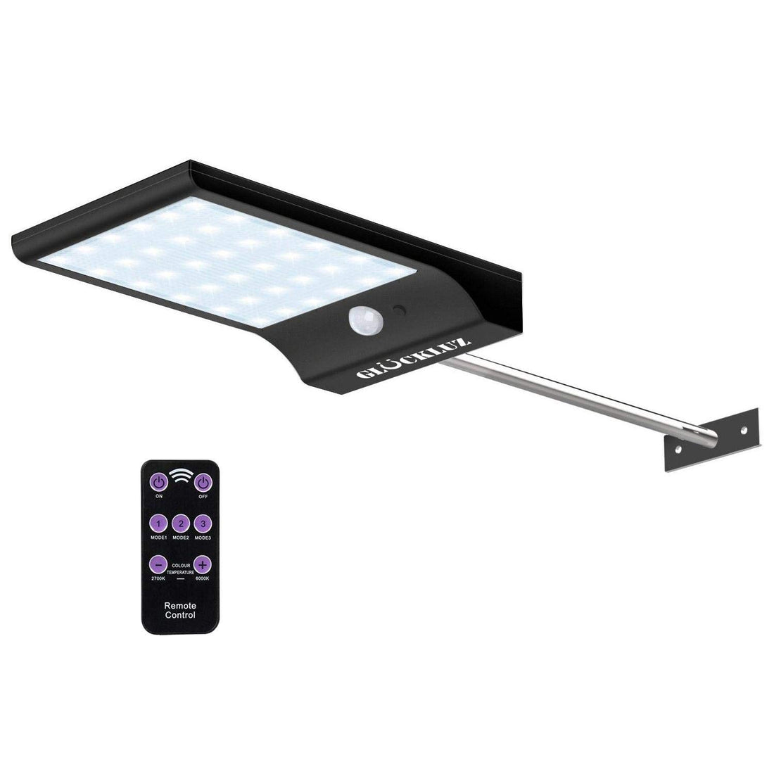 Solar Light Wall Street Light with Remote Control, Motion Sensor Light Security Gutter Lights With Mounting Pole, Waterproof Lamp for Outdoor Garden Driveway Path Patio Door (36 LEDs)