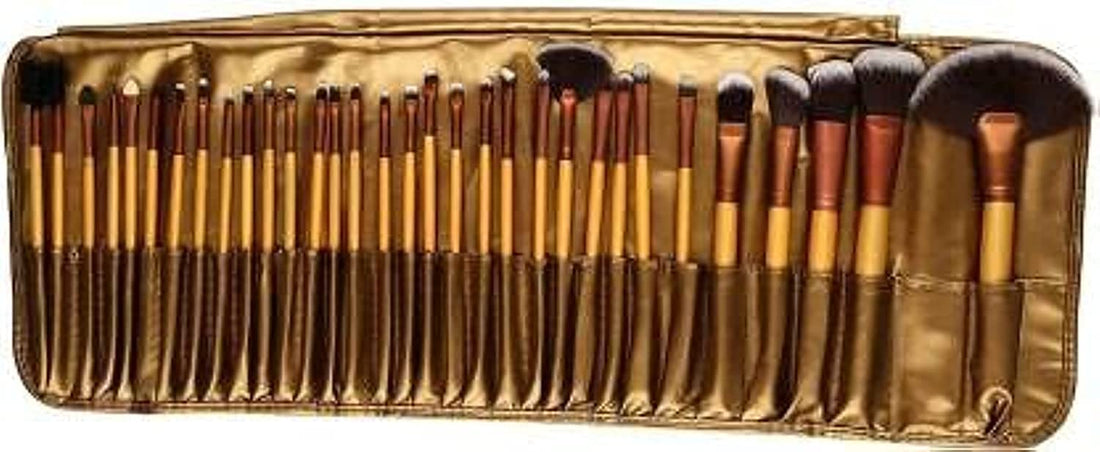 MACPLUS Professional Handle with Leather Pouch Make Up Brush Set 32- Pieces (Golden)