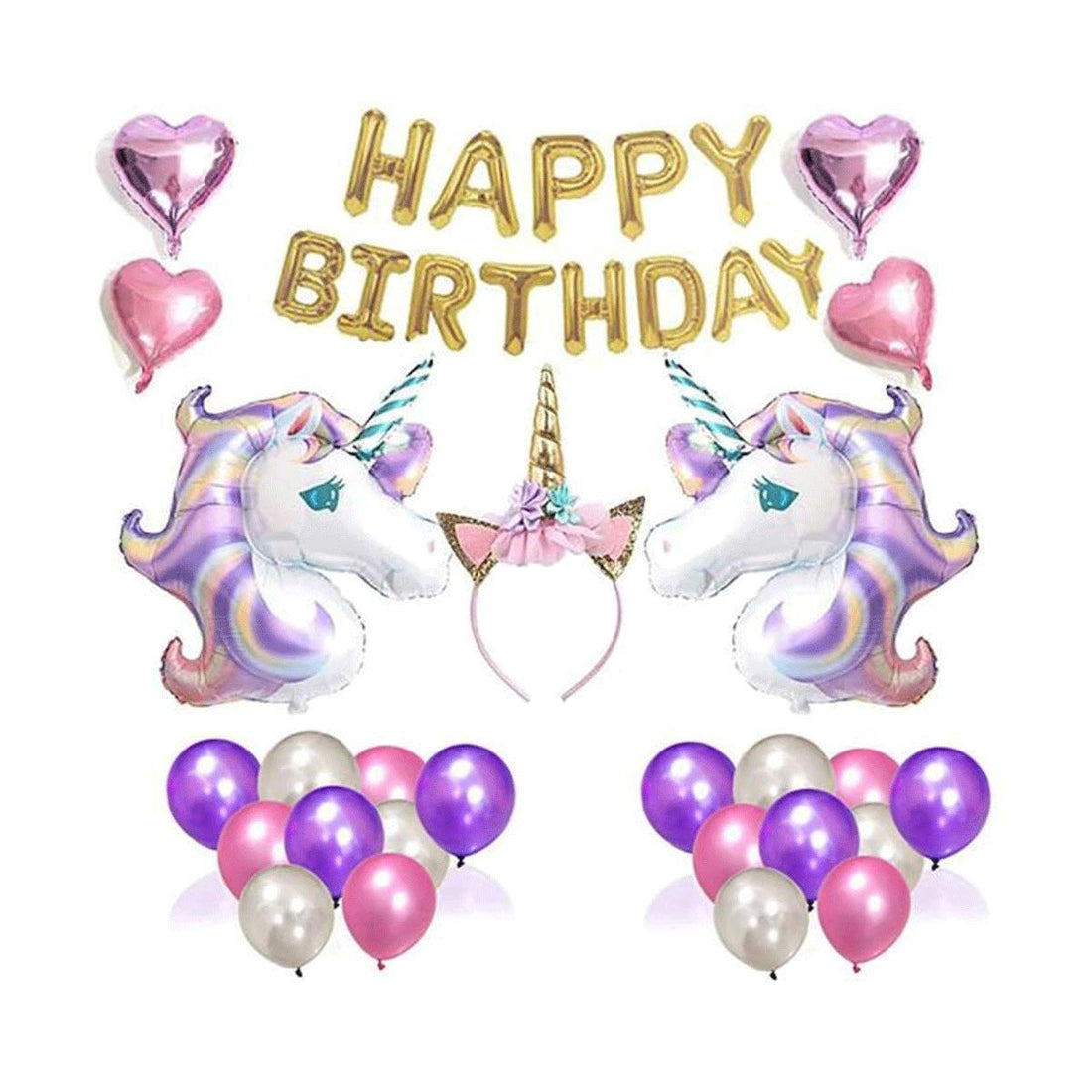 Beauenty Glitter Unicorn Headband Balloon, Gold Happy Birthday Banner, Latex & Foil Balloons- 26 Piece