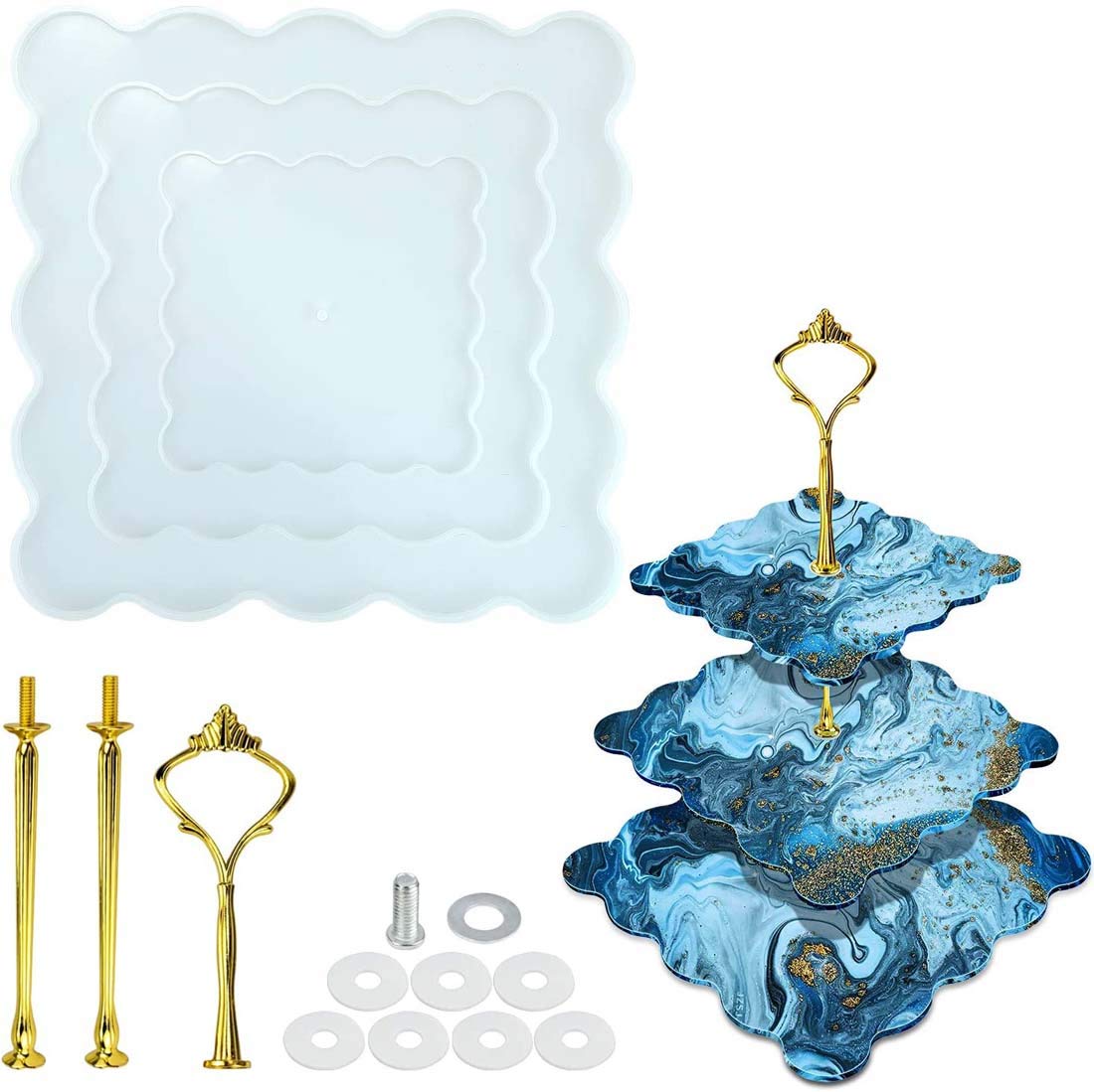 DELFINO 3 Layer Fruit Tray Epoxy Resin Mould, DIY Cake Snack Stand Irregular Silicon Casting Mould, Big Plate Epoxy Resin Mould Making for Dessert Tower Cupcake Fruit with Golden Cake Stand Holder