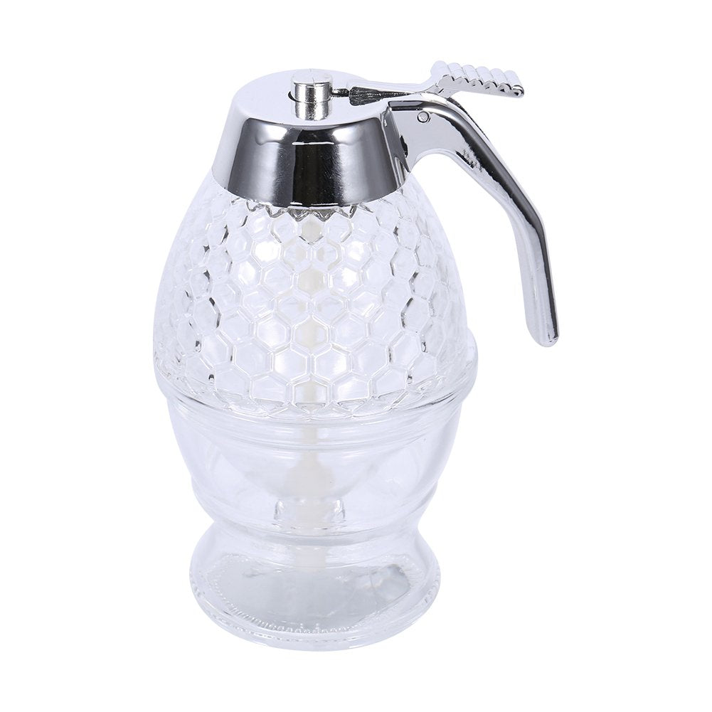200ml/7oz Food Grade Honey Syrup Juice Dispenser with Handy Stopper Storage Stand Stainless Steel Handle Flip Lid Beehive Crystal Design