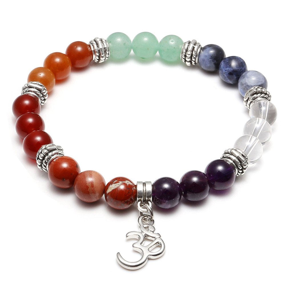 7 Chakras Yoga Meditation Healing Balancing Round Stone Beads Stretch Bracelet with Tree of Life/Lotus/OM Symbol Charm, Stone, Glass,
