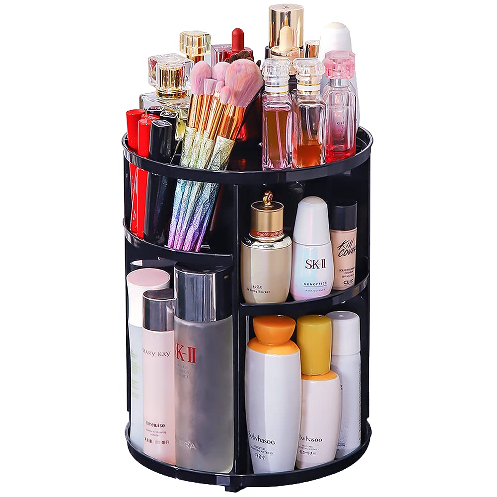 Makeup Organizer 360 Rotating, Adjustable Cosmetic Display Cases for Bathroom Countertop Vanity Dresser Large Capacity Acrylic Make Up Storage Organizers for Makeup Brushes Lipsticks (Black)
