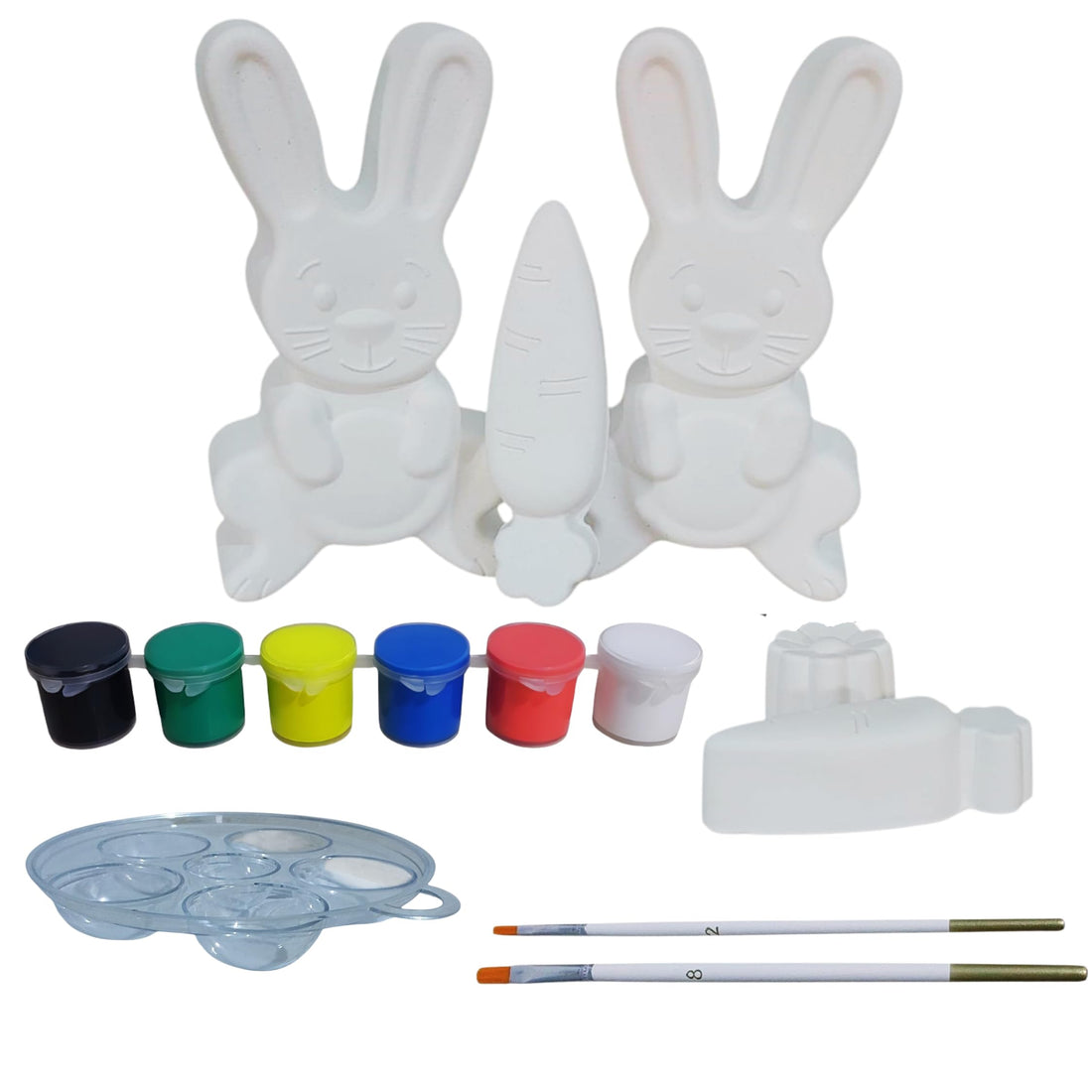 Gypsum shapes for Coloring | Complete Art Set (15-Piece) 2 Rabbit, 2 Carrot,2 Flowers figurine- 6 Acrylic Paints, 2 Brushes, Mixing Palette | Joyful Art Activity, Perfect Gift for Boys & Girls.