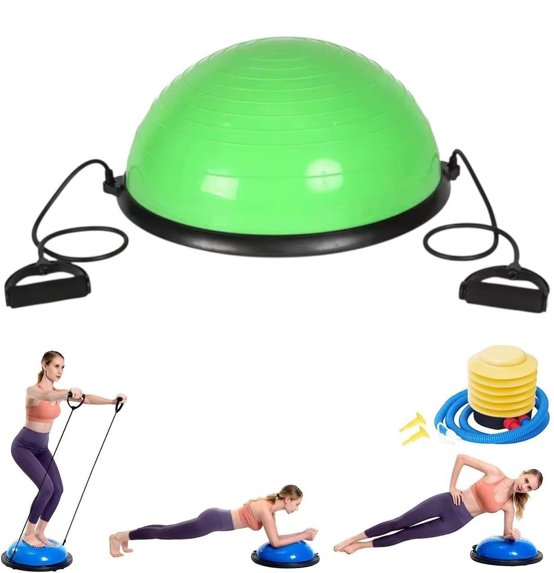 QSHOPHalf Balance Ball, Half Yoga Exercise Ball with Resistance Bands and Foot Pump, Balance Trainer for Stability Training, Strength Training, Fitness, Home Gym Exercise Equipment