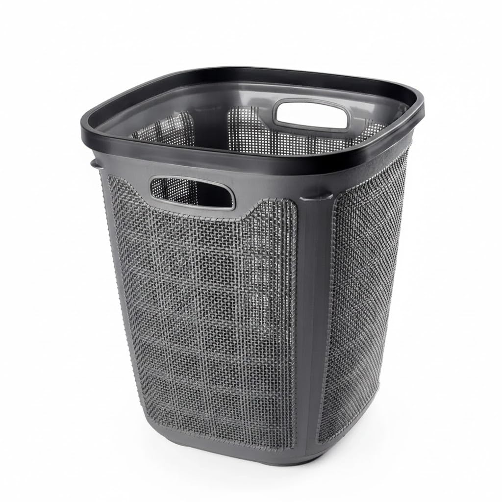 60L Gray Mesh Plastic Laundry Basket with Handles for Bathroom and Kitchen (Grey)