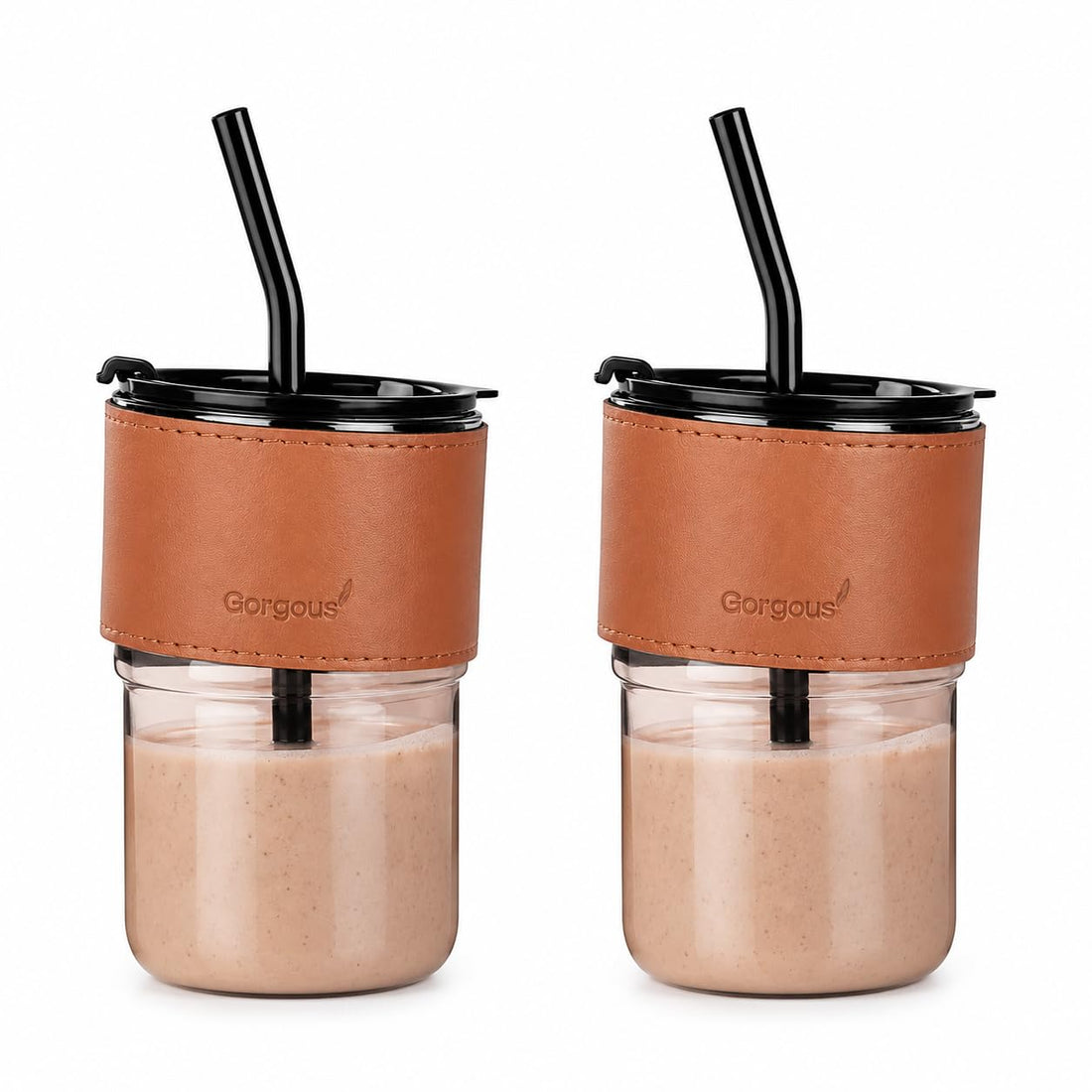OVA 2PCS 14oz Reusable Glass Coffee Mug Set with Glass Straw & Leakproof Lid, Heat Resistant Sleeve, Clear Portable Glass Tumbler for Coffee, Tea, Milk & Cold Drinks