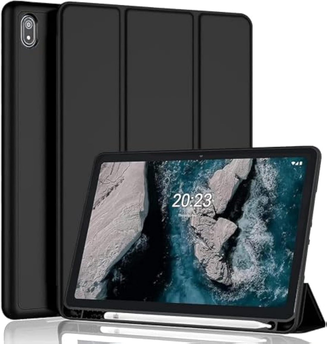 Generic Smart Case Compatible with Nokia T20 Tablet with Pencil Holder and Soft Silicone Back and Full Body Protection, Auto Wake/Sleep (Black)