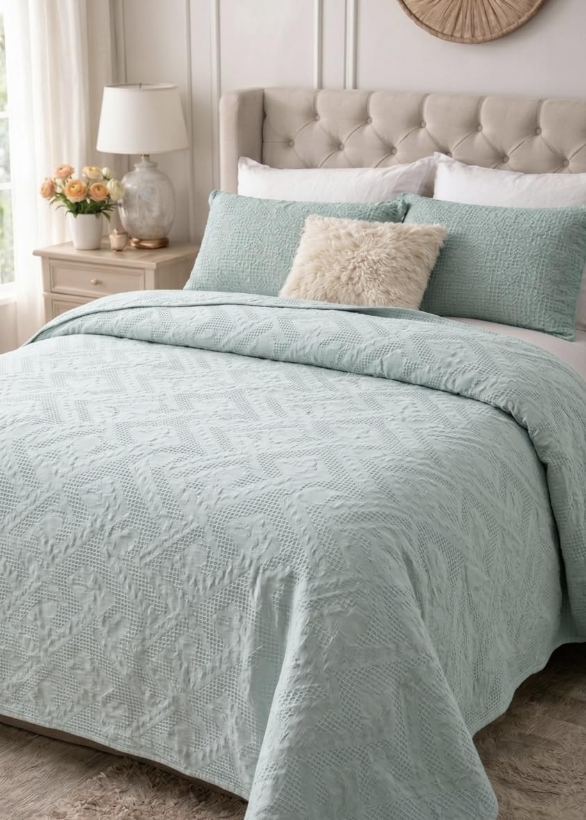 Floral Cotton Bedspread Quilt 180×240 cm – Lightweight Botanical Bed Cover Blanket – Soft Quilted Bedspread for Queen & King Bed (Sea Foam Weave)