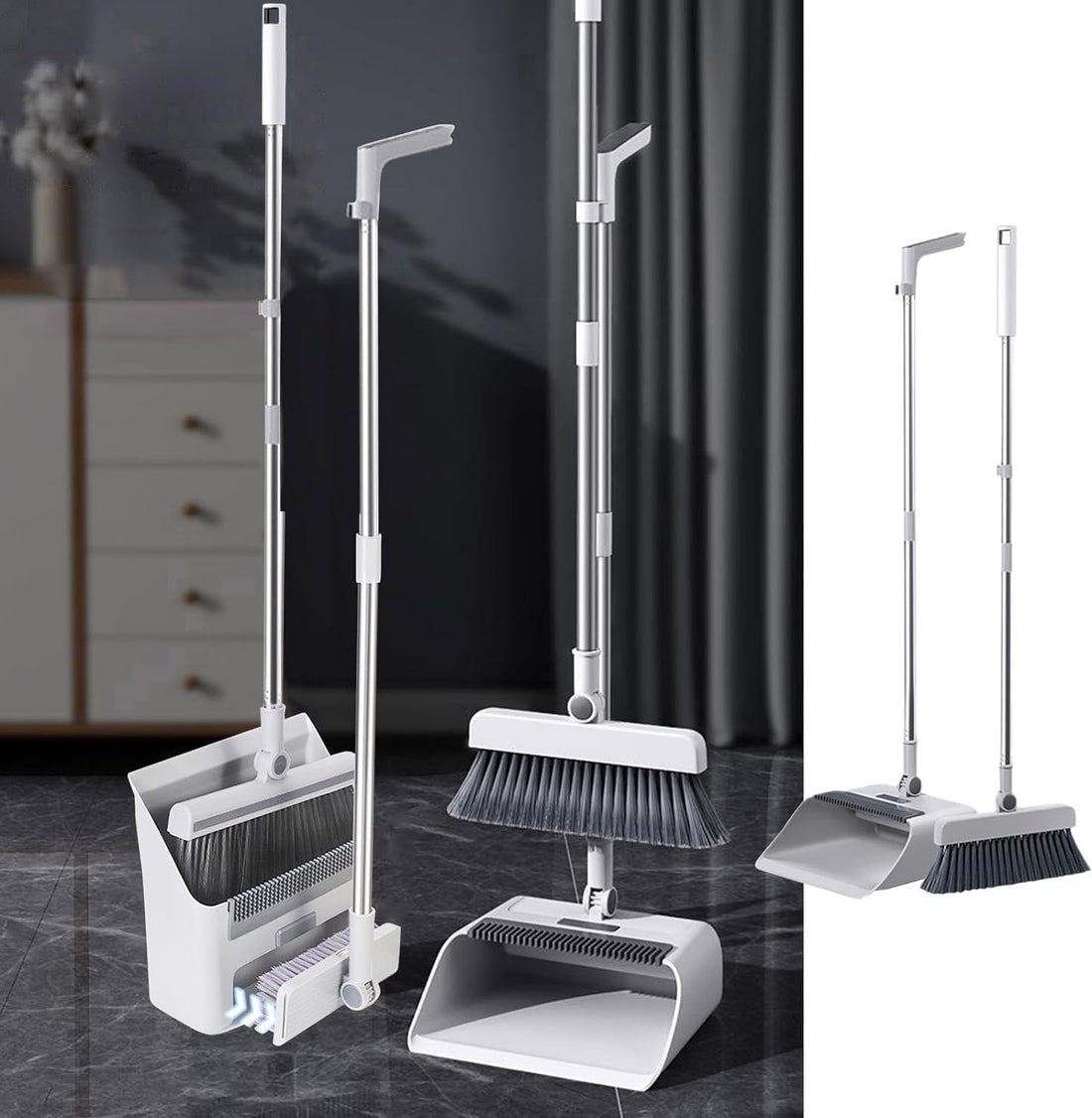 Atromans Broom and Dustpan Set with floor brush, 3-in-1 household cleaning kit with 180°Rotating Head and Dustpan Teeth, Upright storage Broom Set for Home Kitchen Bathroom Office Living Room