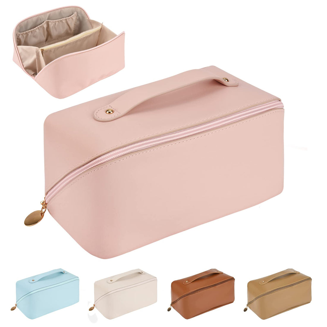Offfay Large Capacity Travel Cosmetic Bag, PU Leather Portable Makeup Bag, Ladies Make Up Bag Zipper Bag, Waterproof Cosmetic Travel Organizer Multifunctional Storage Bag for Women Girl (Pink)
