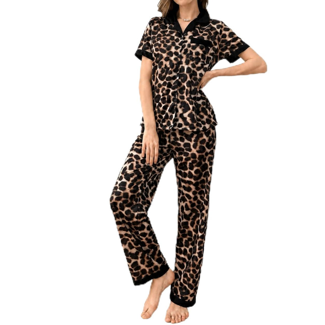 Narissa Womens Pajama Set 2 Pieces | Short Sleeve Button Down Shirt and Long Pants with Bold Leopard Print | Comfortable Cotton Material for Stylish Sleep and Unforgettable Home Look