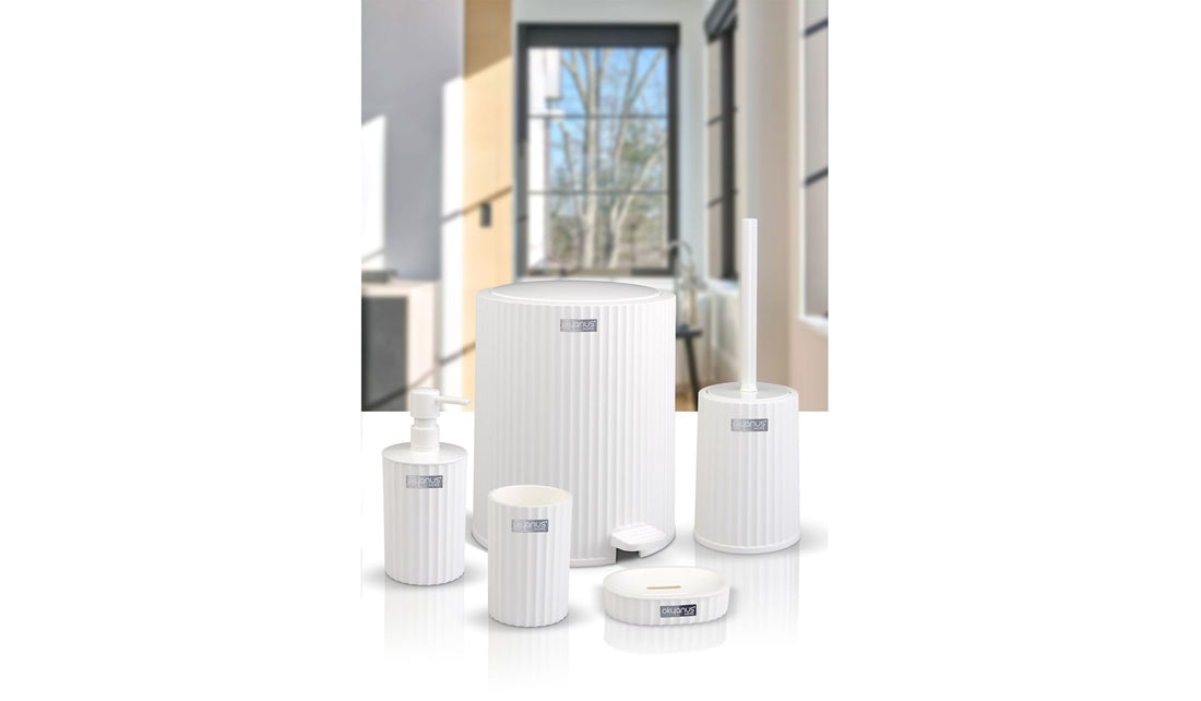 Okyanus Home Coliseum Round Striped Bathroom Set 5-Piece, White